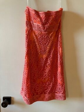 Sue Wong Coral Pink Strapless Embroidered Lace Dress